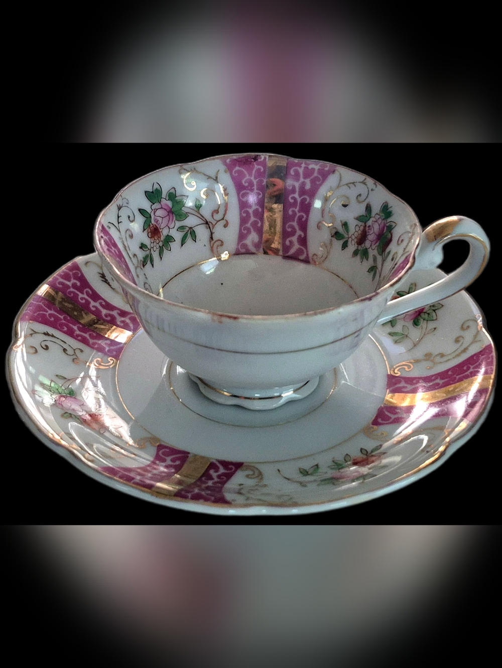 Vintage Teacup and Saucer Japanese Roses with Gold Leaf Raspberry Pink